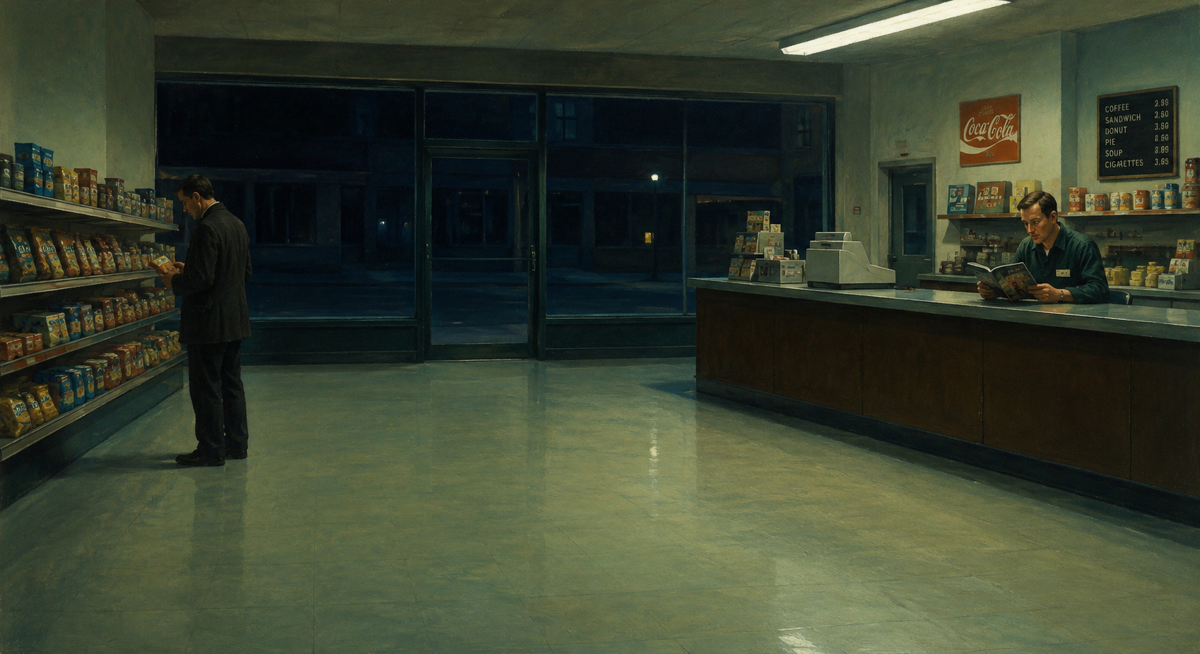 Hopper — late-night convenience store / empty subway platform / rainy taxi backseat
