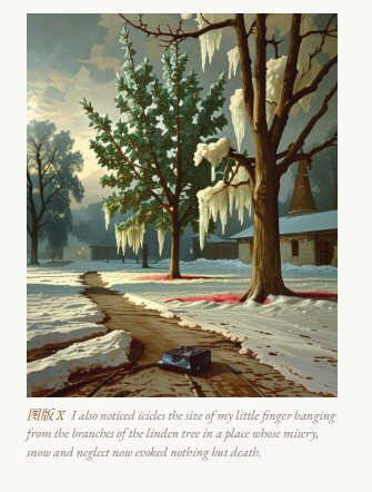 Plate X — winter linden, icicles on the branches, a box abandoned by the road
