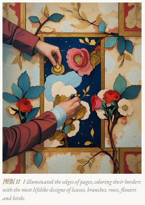 Plate II — hand-painted roses, branches and birds in the page border